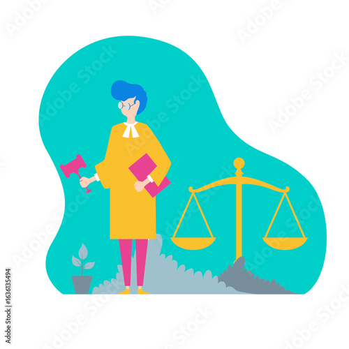 Lawsuit. Cartoon judge with gavel and books near scales of justice isolated on transparent background.