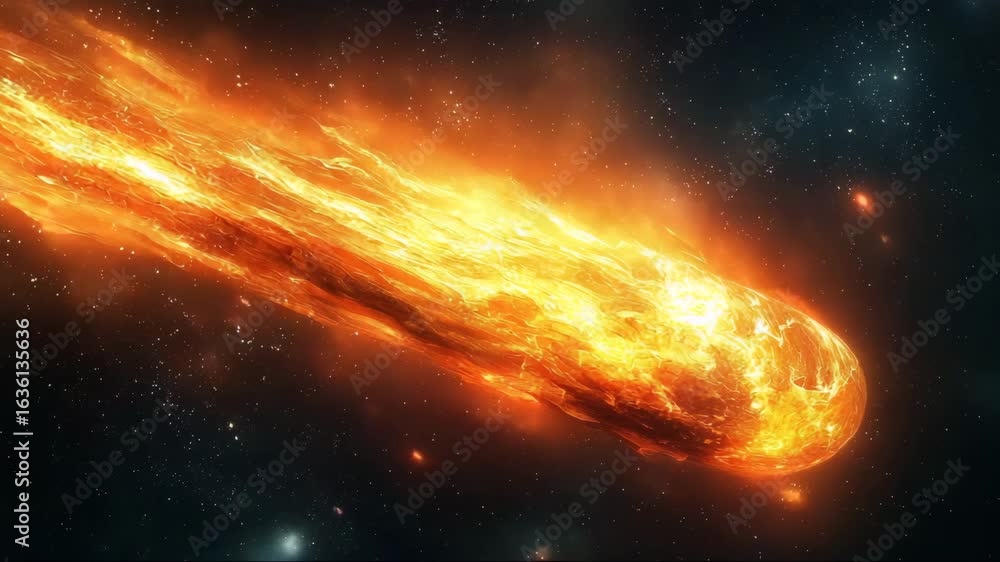 Fiery comet in deep space with glowing tail, a celestial spectacle. Comet hurtles through the darkness, surrounded by distant stars. Fiery comet for science videos.