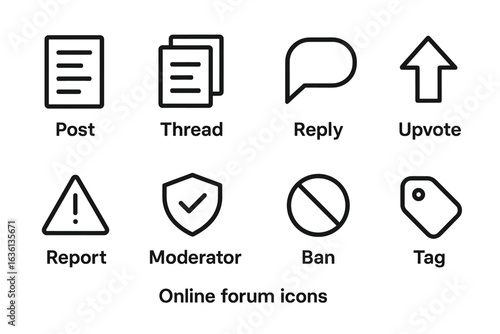 Online forum icons: post, thread, reply, upvote, report, moderator, ban, tag