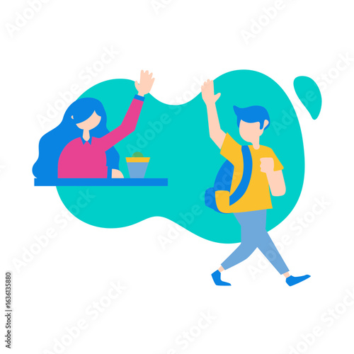 See You Soon. Two people waving hello isolated on transparent background.