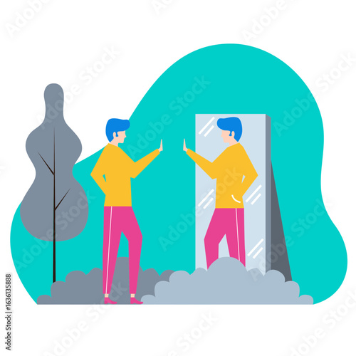 Self Reflections. Man looking at himself in a mirror with a tree and abstract shapes isolated on transparent background.