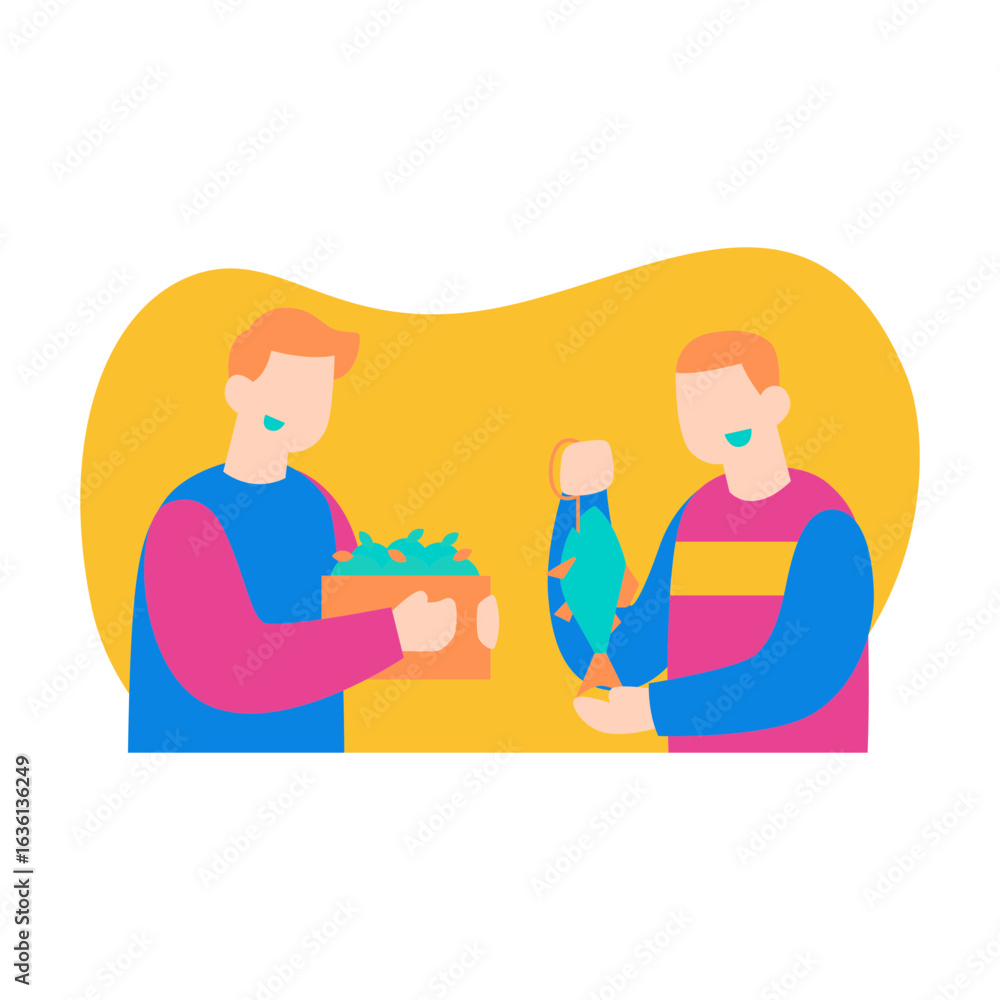 Fototapeta premium Barter Trading. Two men with a catch of fish isolated on transparent background.