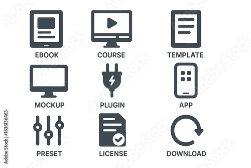 Digital resources icons: ebook, course, template, mockup, plugin, app, preset, license, download