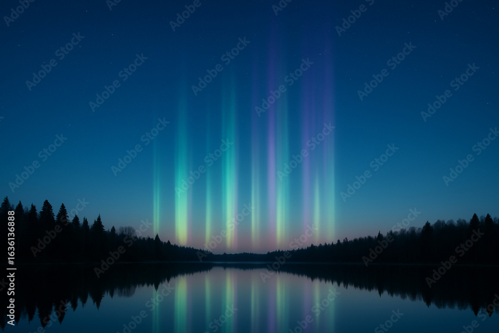 vertical aurora pillars reflected in mirror lake at blue hour, negative space sky for copy, aurora over lake vertical aurora pillars reflected in mirror lake at blue hour, negative space sky for copy, aurora over lake