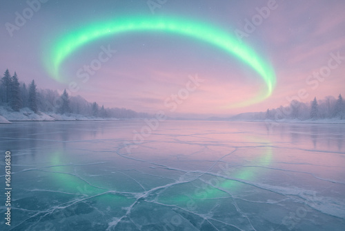 ice-bound lake with glowing borealis arc, pastel haze, winter calm, aurora over lake