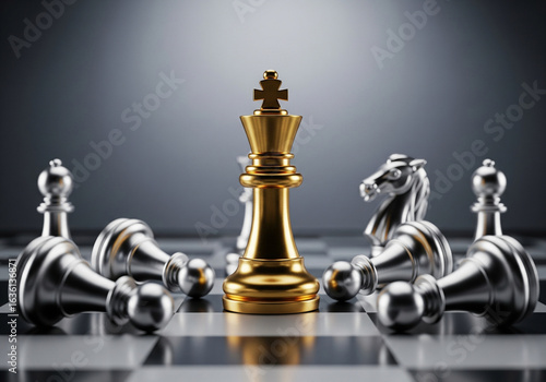 Elegant golden chess king standing tall, victorious strategy, leadership and success concept