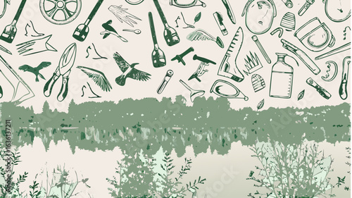 A whimsical illustration featuring garden tools, birds, and foliage above a serene lake scene with trees silhouette