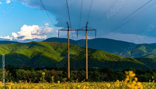 Mountain landscape with power lines