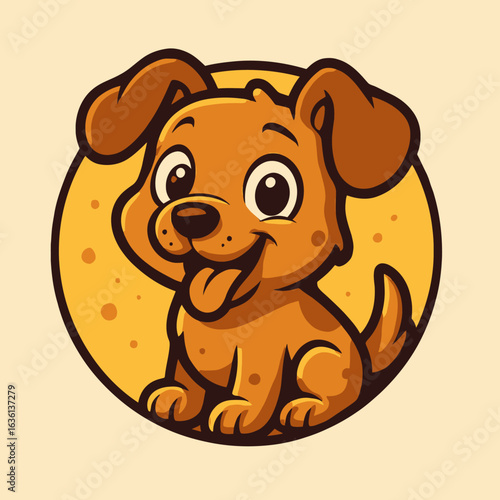 A cute cartoon puppy sitting and smiling. Happy brown dog character mascot illustration.