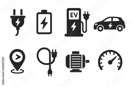 Electric vehicle icons: charger, battery, ev station, car, location, cable, motor, speedometer