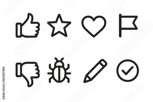Icon set: thumbs up, star, heart, flag, thumbs down, bug, pencil, checkmark
