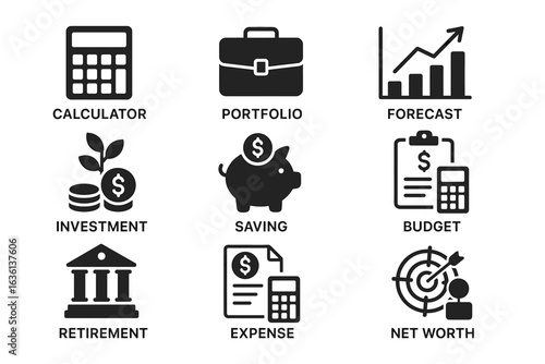 Financial planning icons set: calculator, portfolio, forecast, investment, saving, budget, retirement, expense, net worth