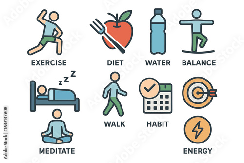 Icons illustrating healthy lifestyle habits: exercise, diet, water, balance, meditation, and more