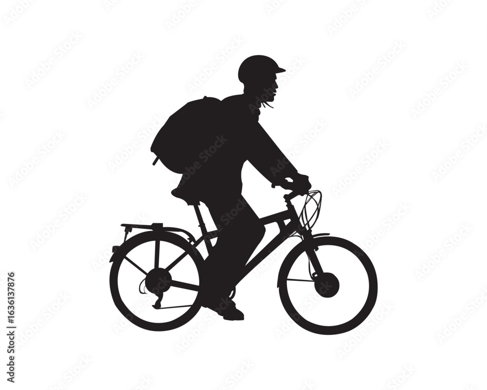 Obraz premium Silhouette of a Cyclist Riding a Bicycle with Backpack on White Background