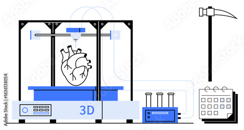 3D printer generates a human heart beside vials, mining pickaxe, calendar, and control systems. Ideal for medical innovation, technology, organ creation, research, future healthcare bioengineering