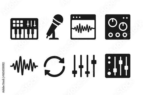 Music production icons: microphone, waveform, mixer, equalizer