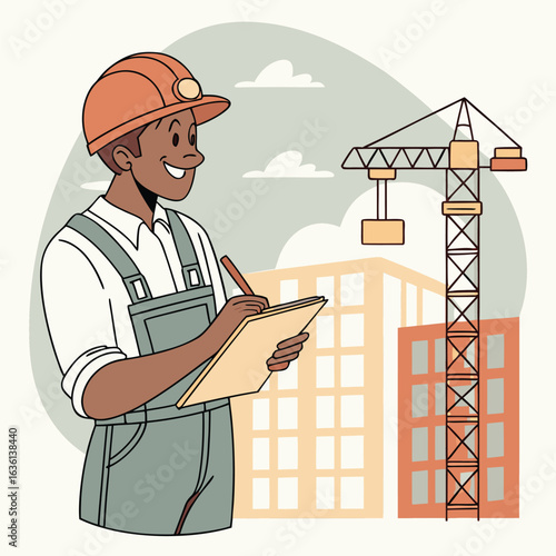 Illustrated Construction Foreman Taking Notes Near a Crane and Building Sketch