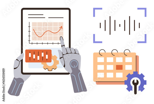 Robotic hand pointing at tablet with graph, adjustment slider, sound wave diagram, and automated calendar gear integration. Ideal for AI, automation, technology, data analysis, workflow innovation