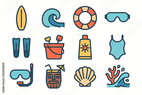 Colorful beach icons including surfboard, waves, snorkel, sunscreen, and beachwear