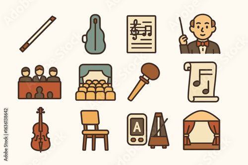 Concert icons: diverse musical symbols including conductor, instruments, and stage elements