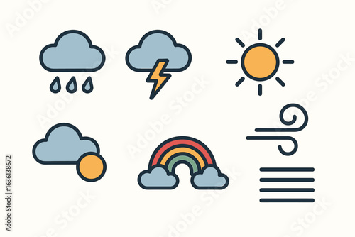 Weather icons: sun, rain, cloud, thunder, wind, rainbow symbols