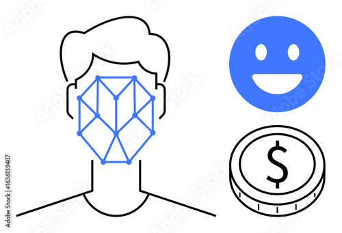 Human face with facial recognition grid, dollar coin representing financial aspects, and smiling face for positive emotion. Ideal for AI, biometrics, technology, expression analysis, security