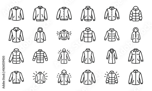 Winter Jacket and Coat Icon Set – Minimal Line Style Vector Illustrations of Outerwear, Puffer Jackets, Parkas, Hooded Coats, and Fashion Clothing Icons for Cold Weather Design Projects
