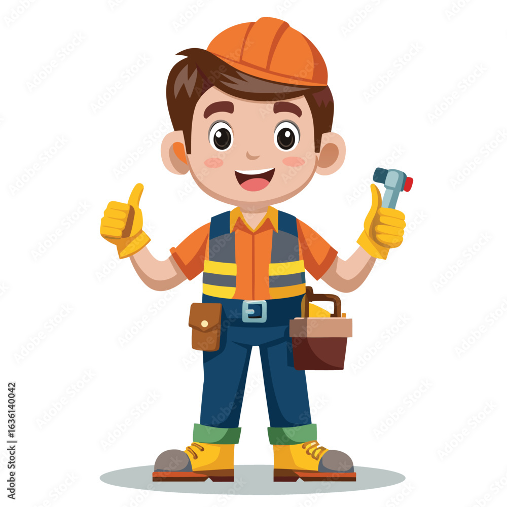 Fototapeta premium Cartoon Construction Worker Ready to Work Holding Tools with an Eager Smile and Safety Gear On