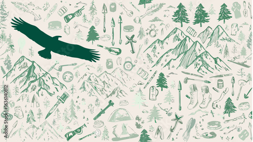 Illustration featuring an eagle silhouette among outdoor and camping themed drawings and mountain scenery