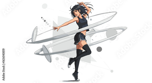 Dynamic Anime Girl with Flowing Hair and Geometric Shapes on White Background