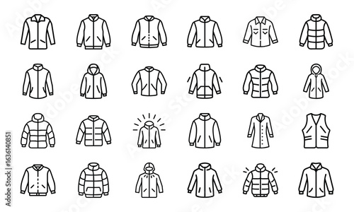 Winter Jacket and Coat Icon Set – Minimal Line Style Vector Illustrations of Outerwear, Puffer Jackets, Parkas, Hooded Coats, and Fashion Clothing Icons for Cold Weather Design Projects