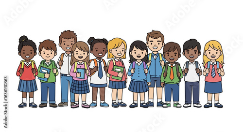 Diverse group of happy schoolchildren in uniform, carrying books and backpacks, standing together.