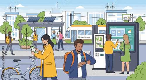 Illustration of a modern, eco-friendly city with people using smart technology, solar panels, electric tram, and wind turbines.