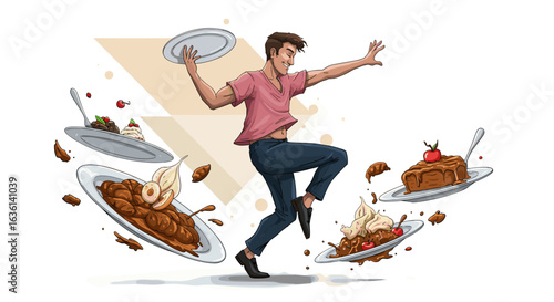 Enthusiastic baker playfully tosses plates of desserts in an animated food explosion.