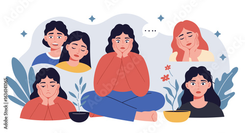 Illustration of a woman feeling anxious, with multiple worried versions of herself around