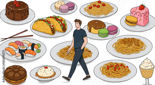 Illustration of a man walking amidst plates of various appetizing dishes and desserts