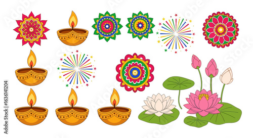 A collection of Indian festival icons including Diya lamps, colorful mandalas, and lotus flowers.