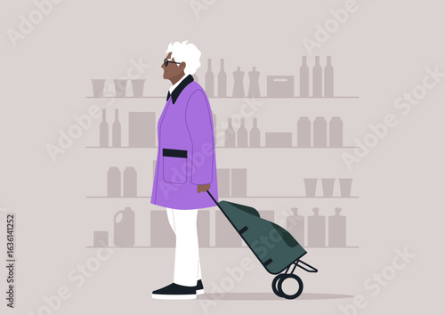A senior lady with white hair strolls through the grocery store, pushing a cart filled with essentials, exploring aisles in a relaxed manner, enjoying her shopping trip