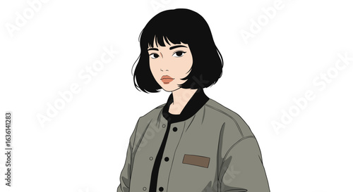 Stylish woman in bomber jacket with bob haircut stares intently in vector