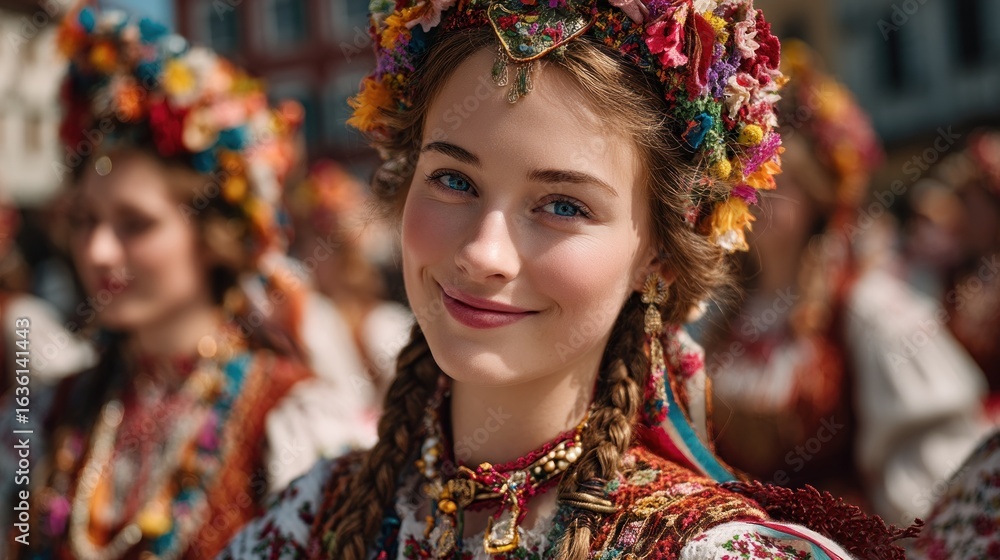 Enchanting Ukrainian maiden adorned in traditional floral headdress and embroidery Enchanting Ukrainian maiden adorned in traditional floral headdress and embroidery