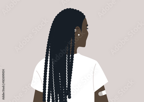 A stylish portrait captures an individual from behind, showcasing a vaccination bandage on their arm, symbolizing health resilience and personal commitment to well-being