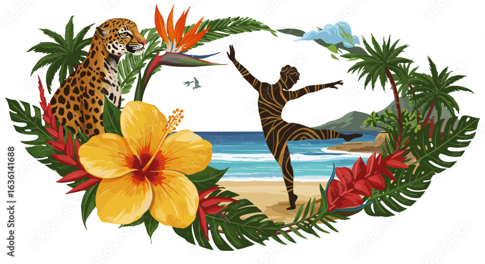 Fototapeta Tropical paradise scene with jaguar, dancer, tropical flowers, and picturesque coast illustrations