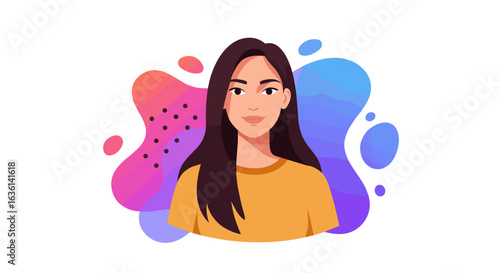 Cartoon woman illustration with dark hair and colorful abstract background design.