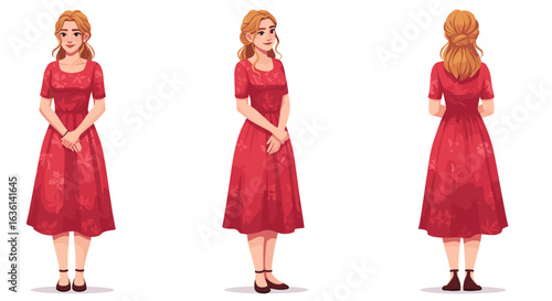 Pretty woman in a red dress: front, side, and back view illustration.
