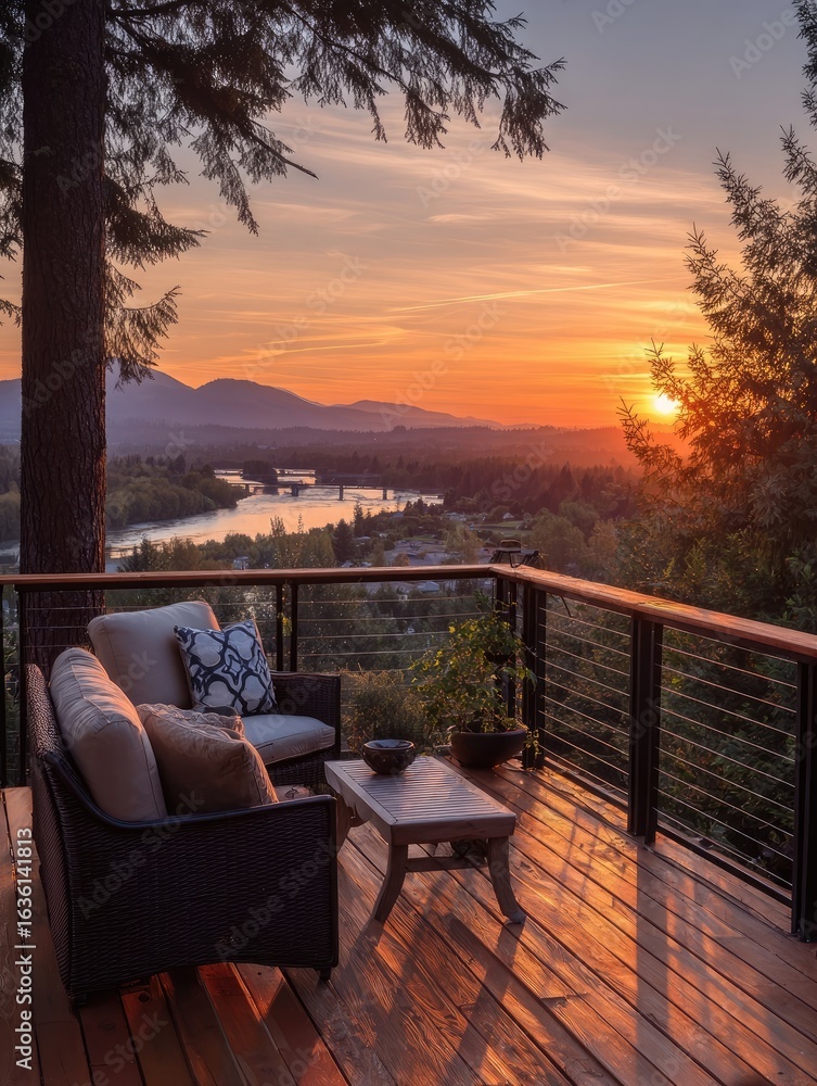 Fototapeta premium Sunset view from a wooden deck