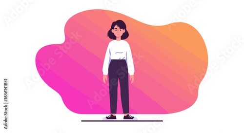 Cartoon woman stands against a vibrant pink and orange watercolor background