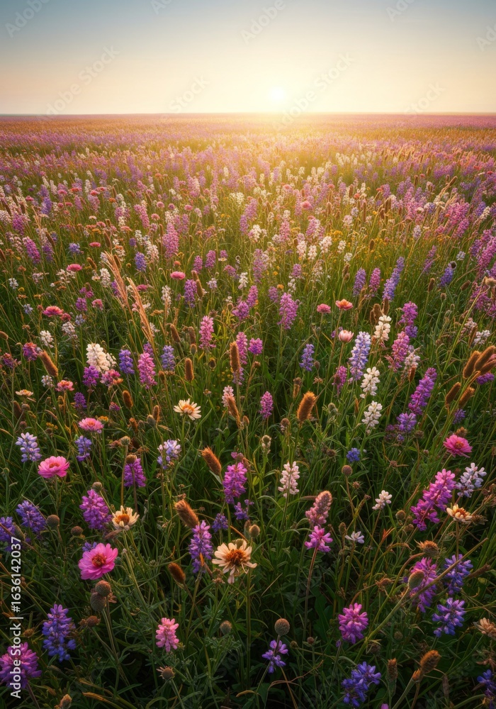 Naklejka premium Vibrant Wildflower Meadow at Sunrise