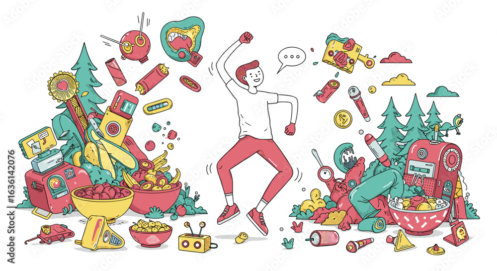 Fototapeta premium Playful Celebration: Doodle Illustration of Man Jumping Amidst Colorful, Whimsical Objects and Forest Elements