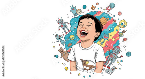 Joyful Child Laughing Amidst Colorful Cartoon Robots, Animals, and Cosmic Wonders.