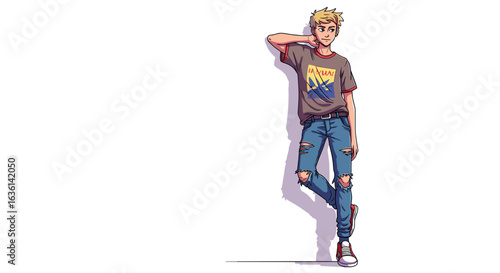 Relaxed teenage boy with blond hair leaning against a white wall casually